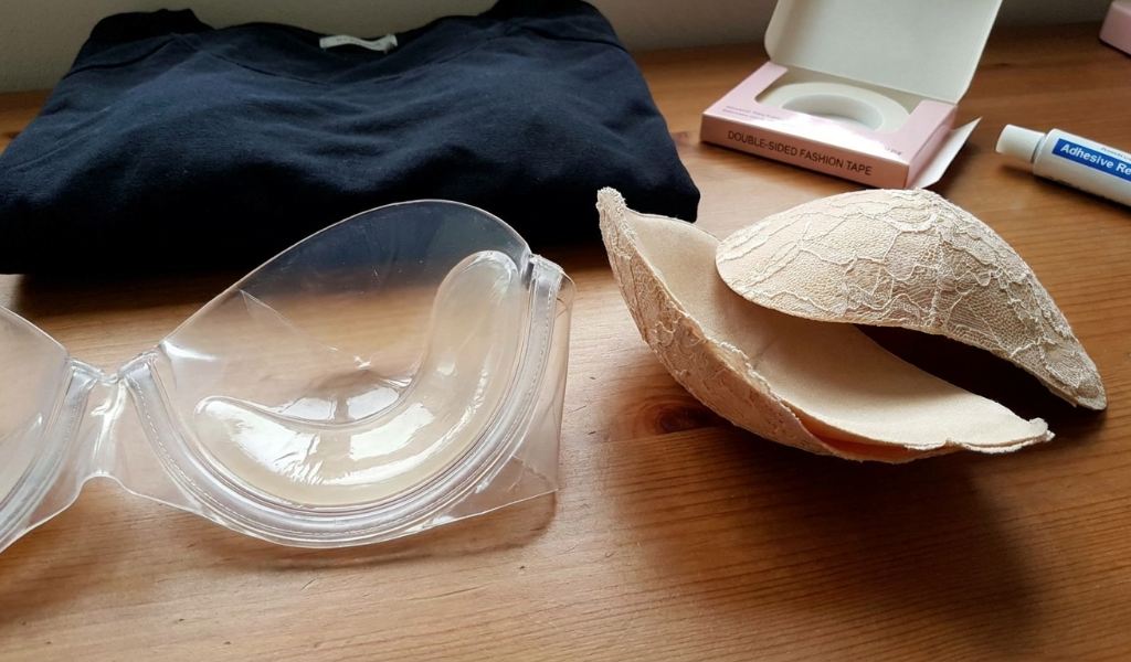 Backless bra fit test showing cup coverage, lift, and skin adhesion