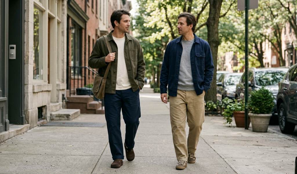 Man wearing practical modern menswear with a lightweight jacket, comfortable trousers, and versatile sneakers